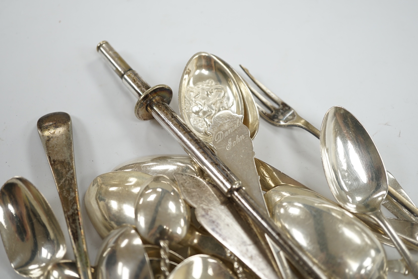 A group of assorted Georgian and later silver and 925 teaspoons etc, 12oz and five plated items. Condition - poor to fair